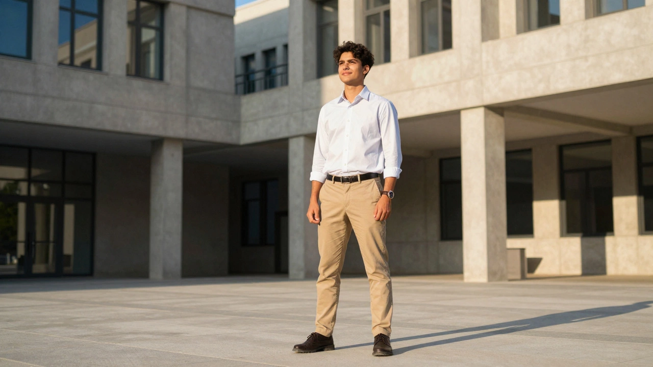 Confident graduate standing on modern university campus during golden hour sunlight