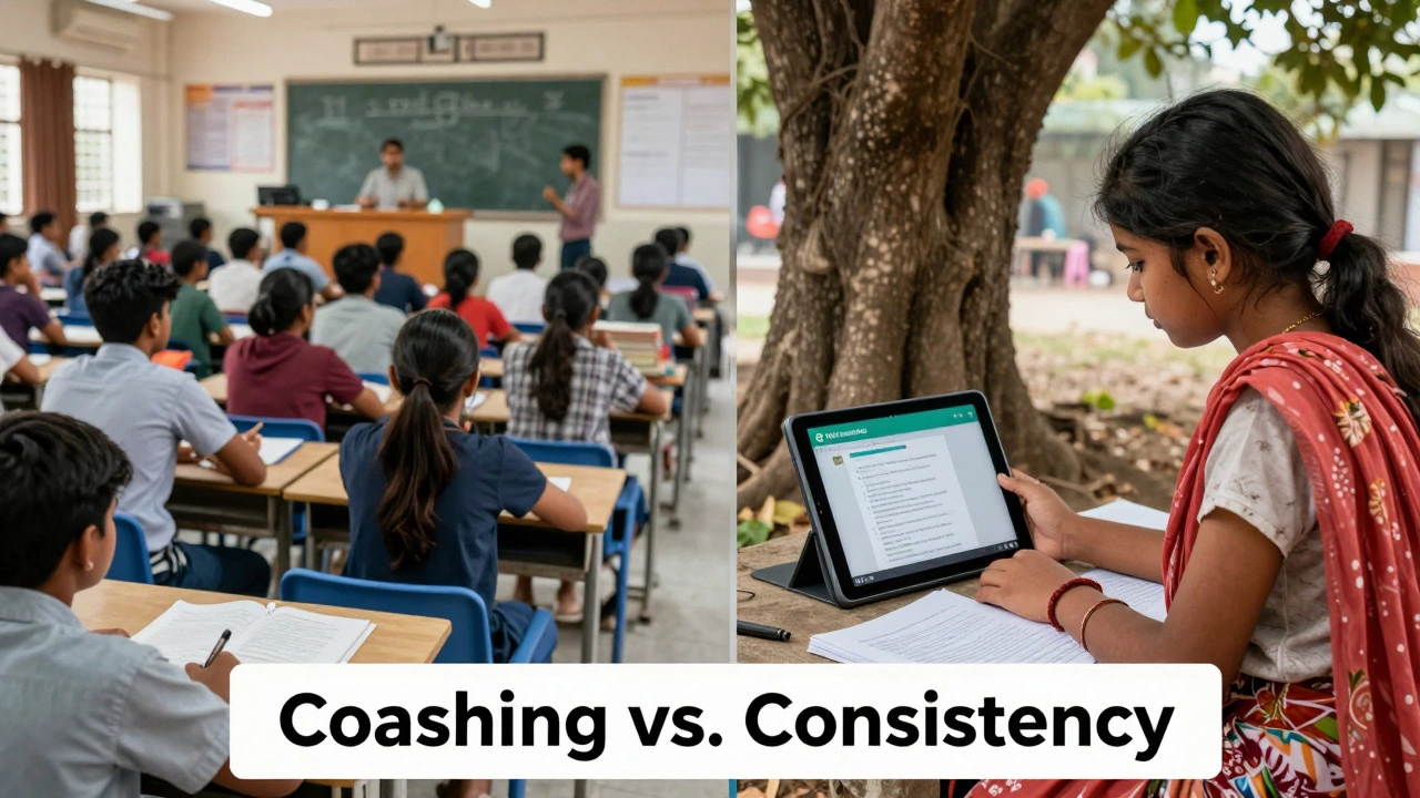 Contrast between crowded coaching center and rural student learning via tablet under a tree.