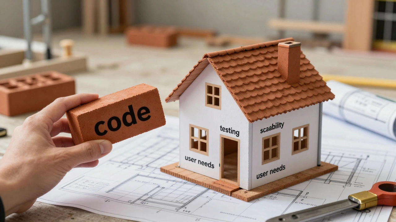 One hand holding a single brick, another building a complete house with plumbing and windows.