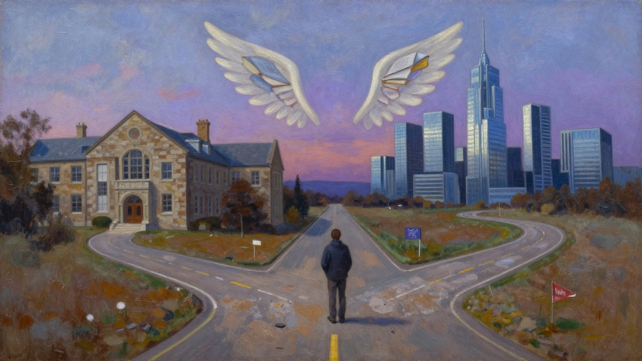 Paintings of diverging higher education pathways and career opportunities.