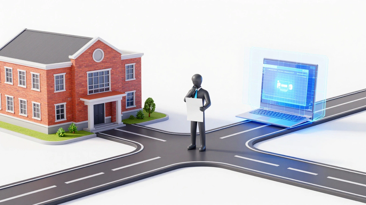 Person stands at path split holding document, digital vs physical.