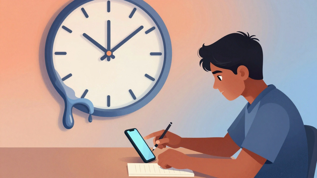 Student reaches for phone, abstract clock shows time passing.