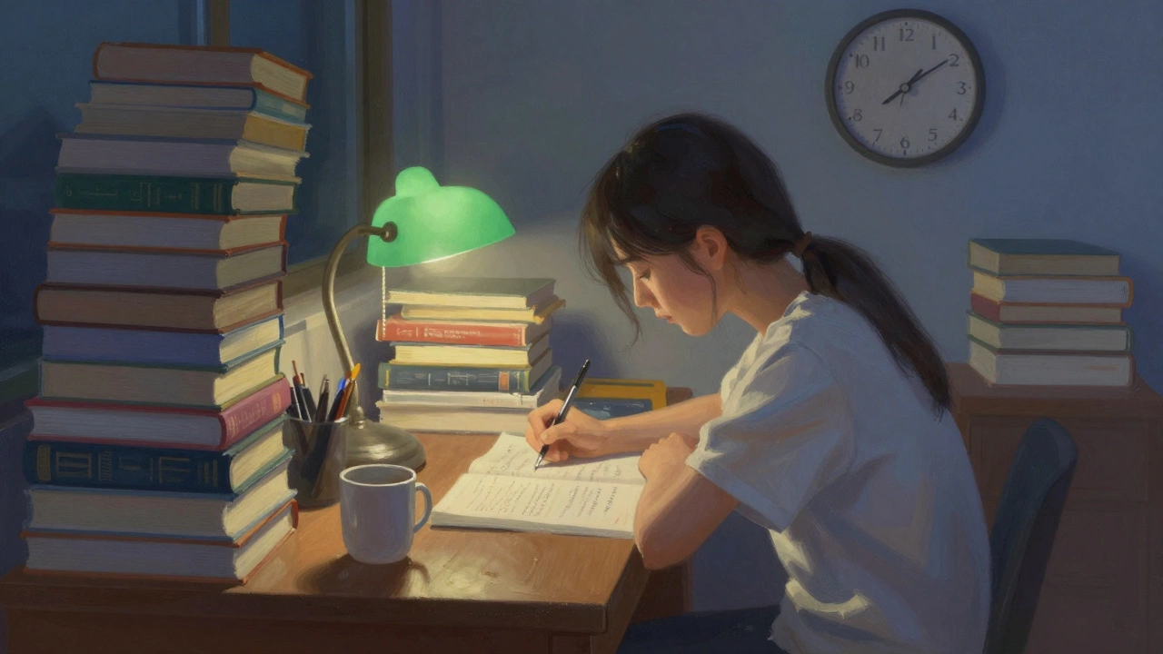 Student studying late at night surrounded by stacks of textbooks under desk lamp light