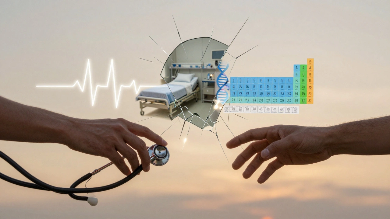 Symbolic hands holding stethoscope and DNA helix, representing nursing and medical career paths.