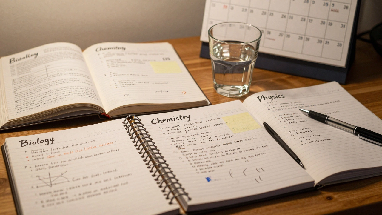 Three annotated notebooks with sticky notes and mock test marks, symbolizing disciplined self-study.