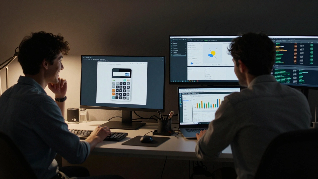 Two developers side by side: one with a simple app, another with multiple monitors showing complex system data.