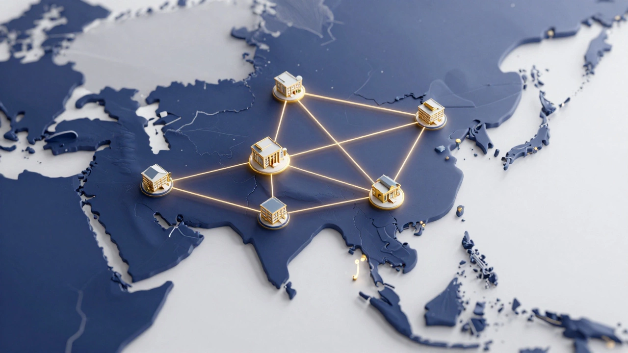 3D map showing a network of affiliated schools across India and the Middle East