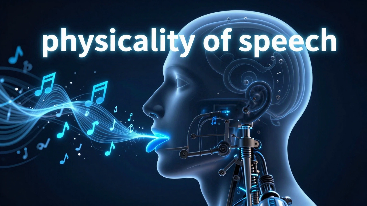 A holographic profile of a human head highlighting the vocal apparatus and sound waves.