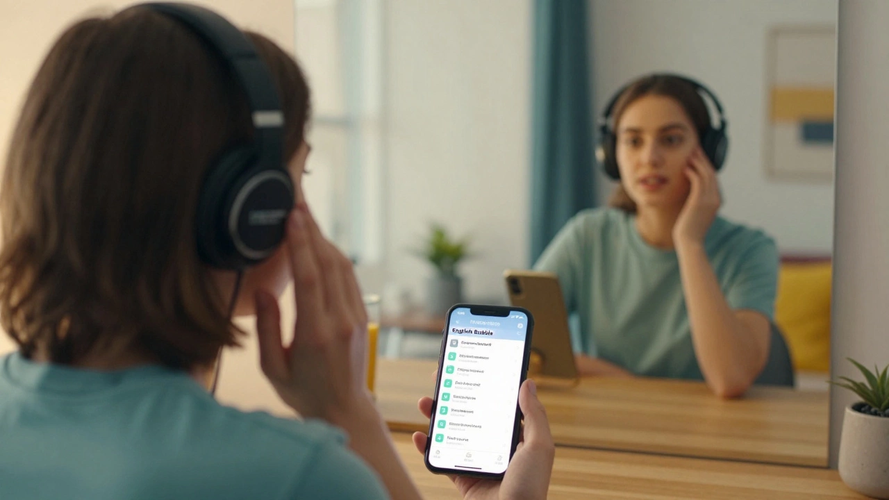 A montage of a person practicing English through podcasts, mirror talk, and phone settings.