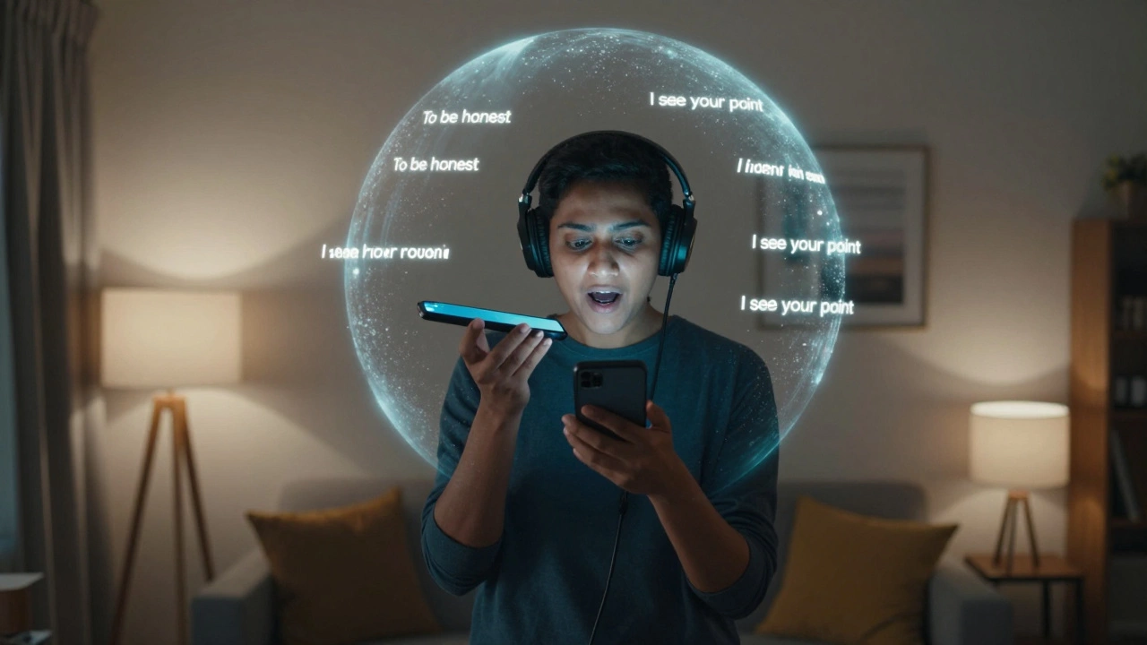 A person recording a voice memo at home, surrounded by a shimmering aura of English phrases.