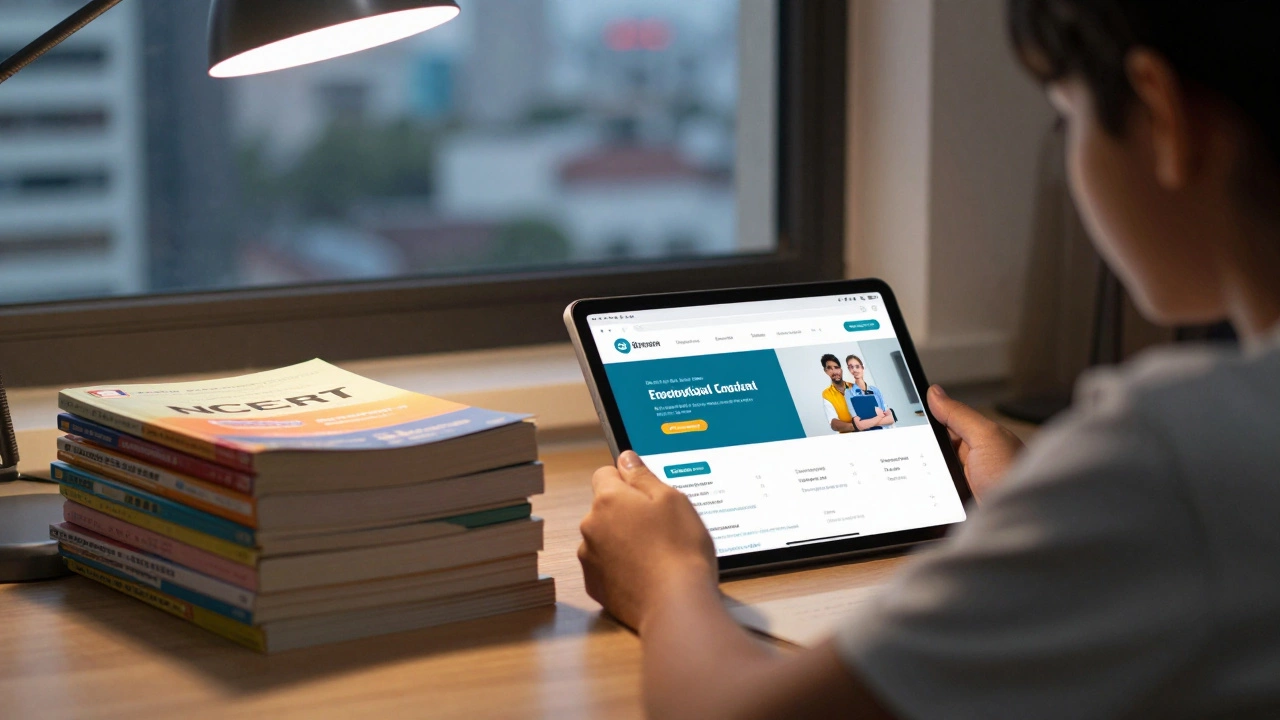 A student's study desk with NCERT textbooks and a digital tablet