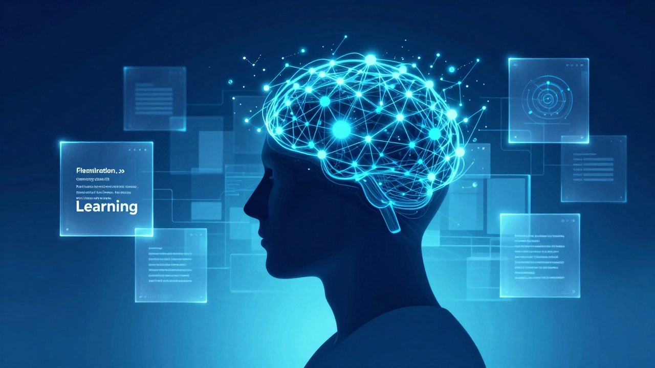 Artistic representation of adaptive learning with data nodes around a human silhouette.