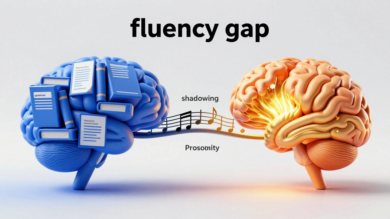 Conceptual art showing a bridge of sound waves connecting grammar study to fluent conversation.