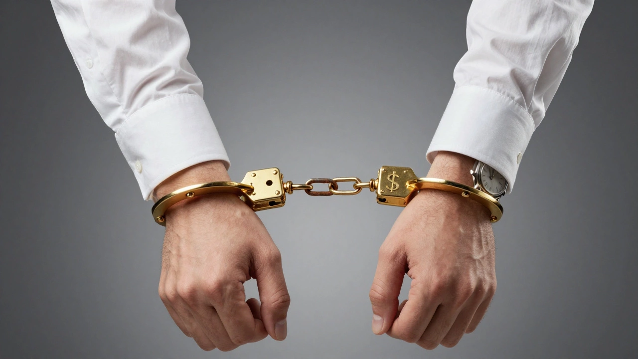Gold handcuffs on a professional's wrists symbolizing the burden of expensive student debt.