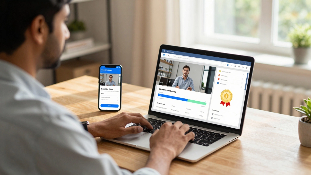 Professional in India using a synced laptop and smartphone for e-learning.