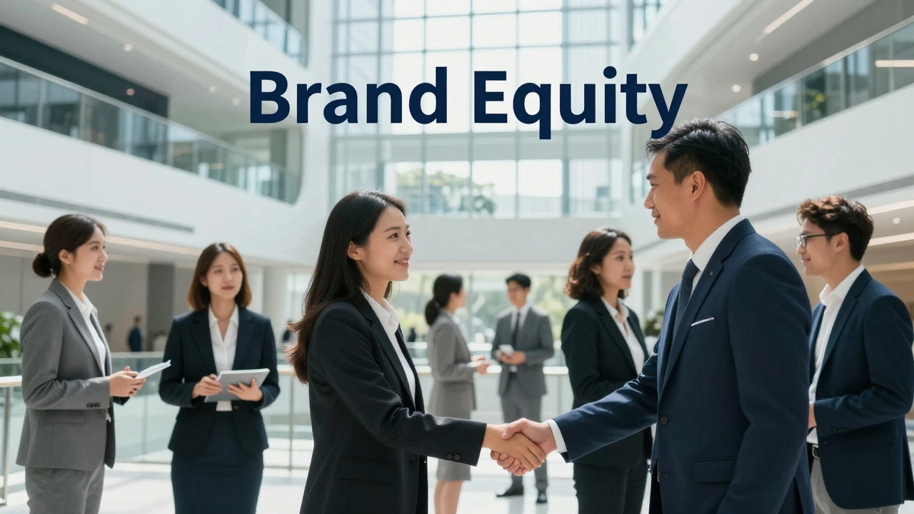 Professionals networking in a modern, glass-walled business school atrium.