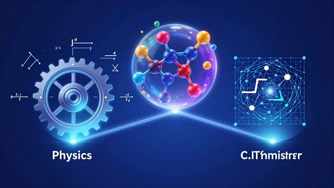 Abstract illustration connecting physics gears, chemistry molecules, and math grids