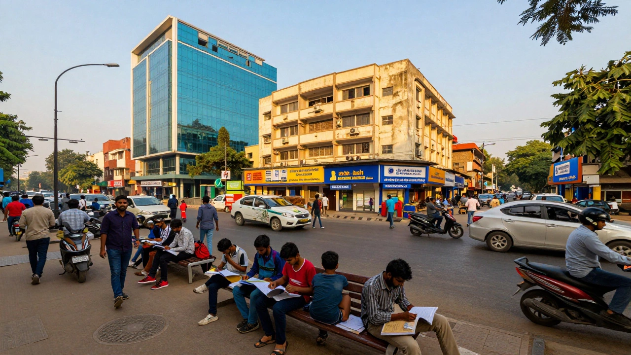 Busy streets near coaching centers in New Delhi with students studying amidst city life.