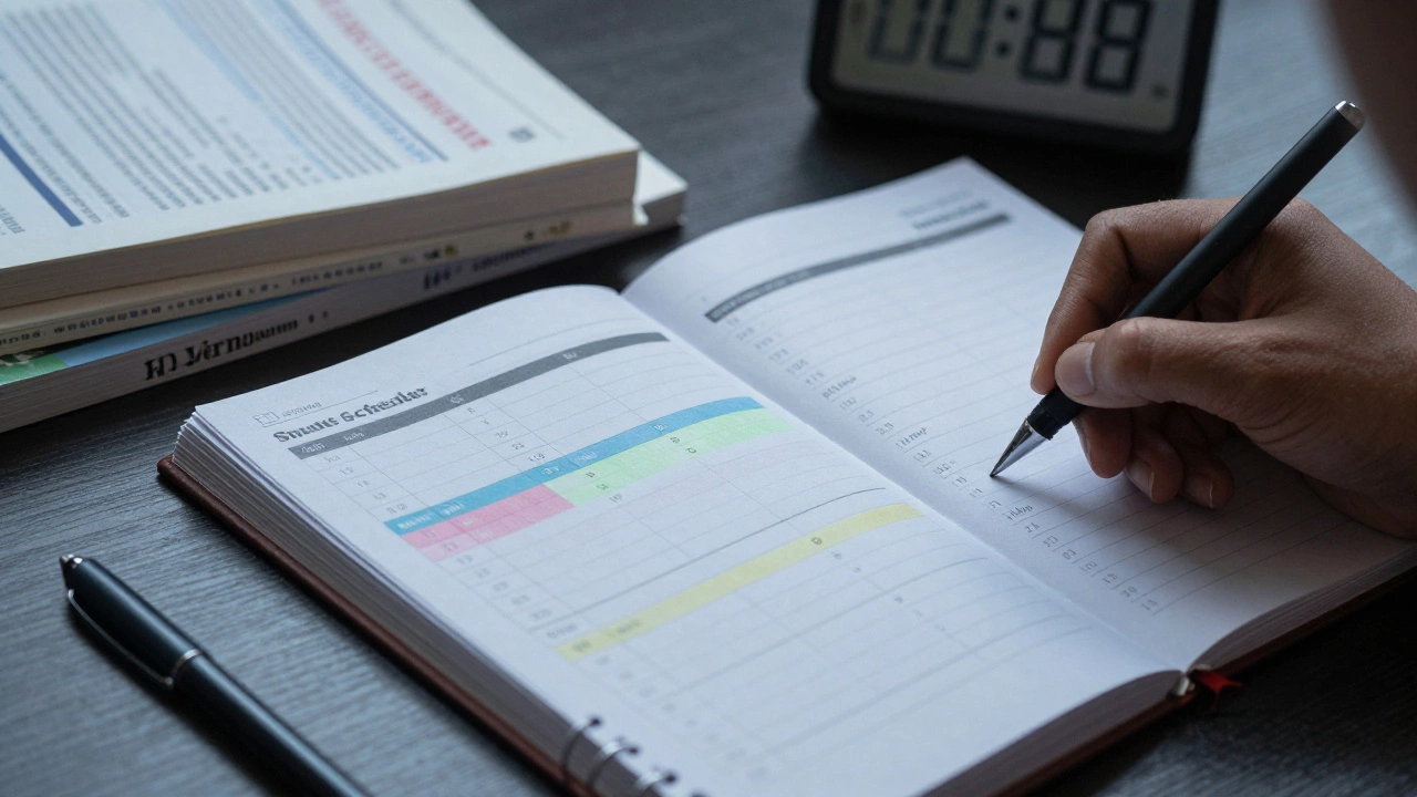 Close-up of study schedule and reference books