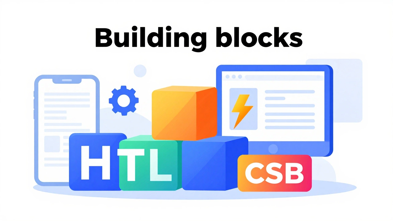 Colorful geometric shapes representing HTML, CSS, and JavaScript