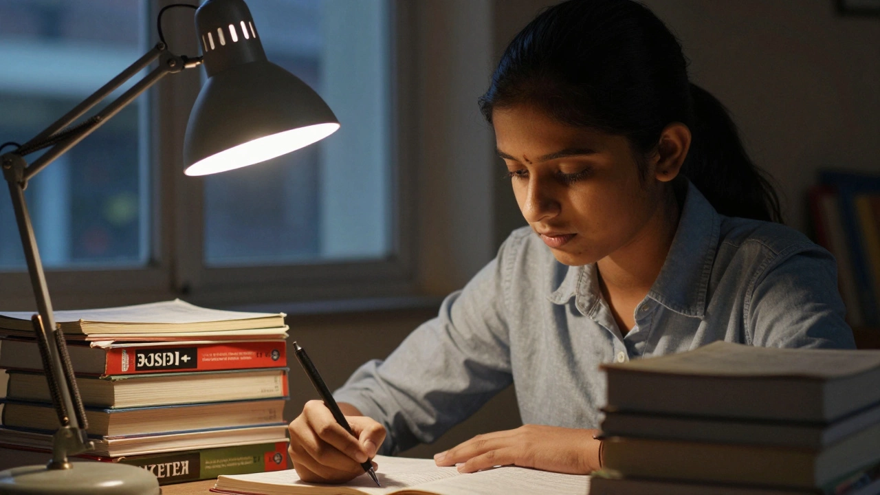 Determined student studying late at night under a desk lamp.
