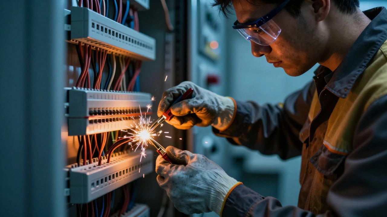 Electrician repairing industrial wiring panel