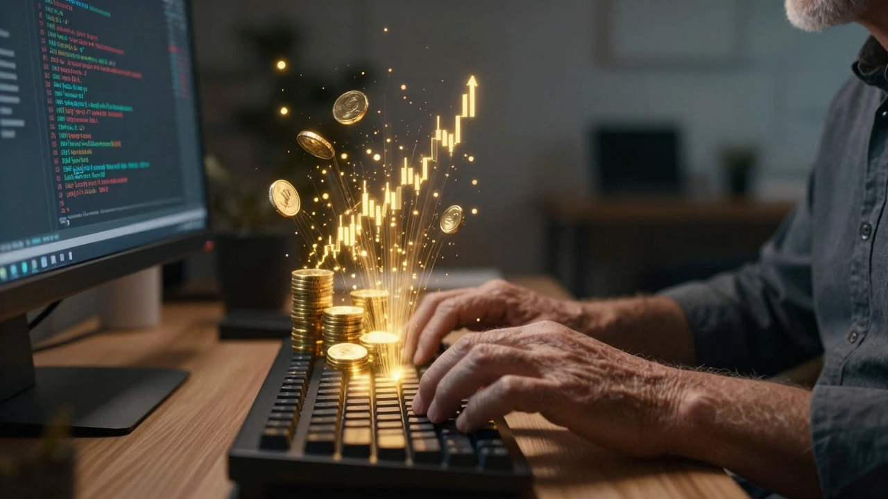 Hands coding with golden data streams turning into money, showing leverage