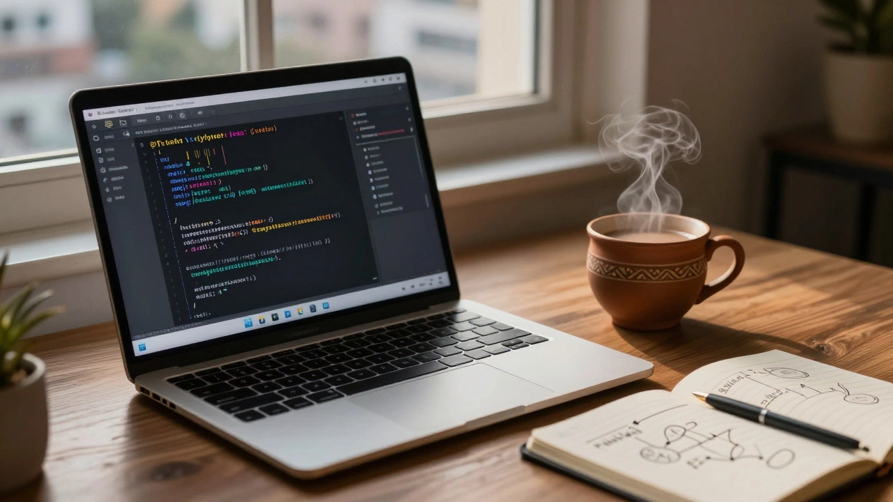 Laptop with Python code next to a cup of chai on a desk