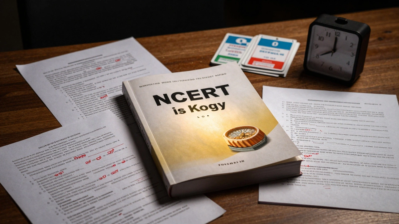 NCERT textbook and mock tests on a desk under dramatic lighting