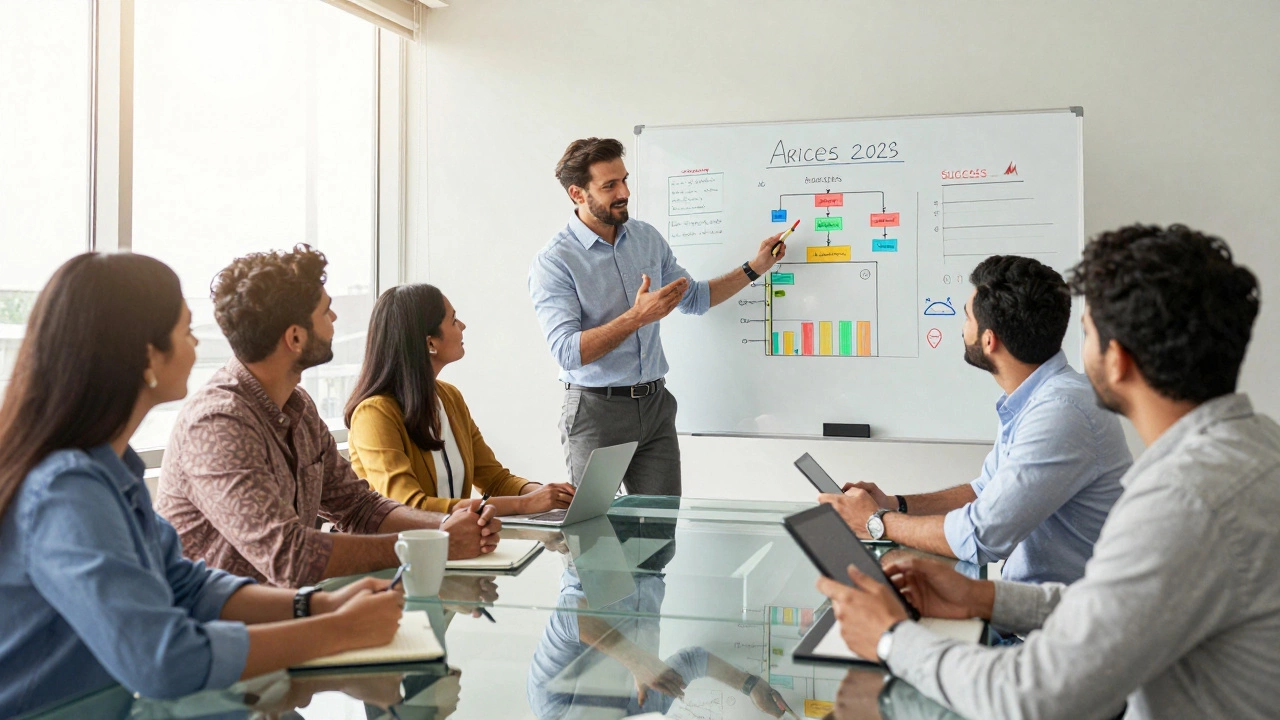 Project manager leading team collaboration in bright office