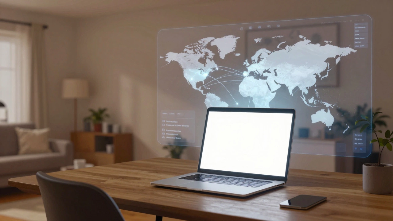 Remote worker in modest home connected to global tech hubs via laptop