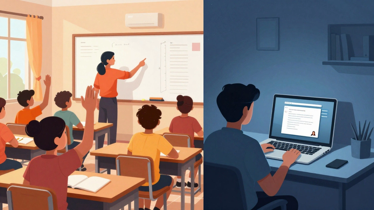 Split view comparing crowded offline class vs quiet online study