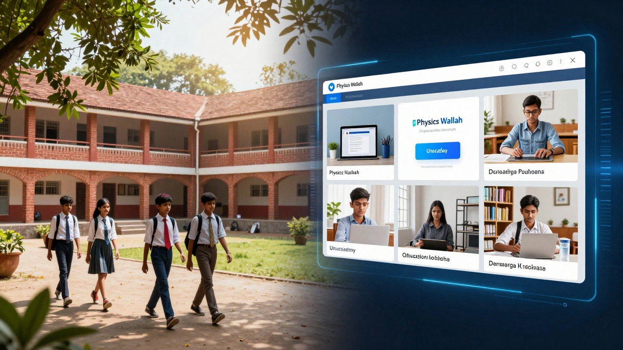 Split view of traditional school campus and online learning devices.