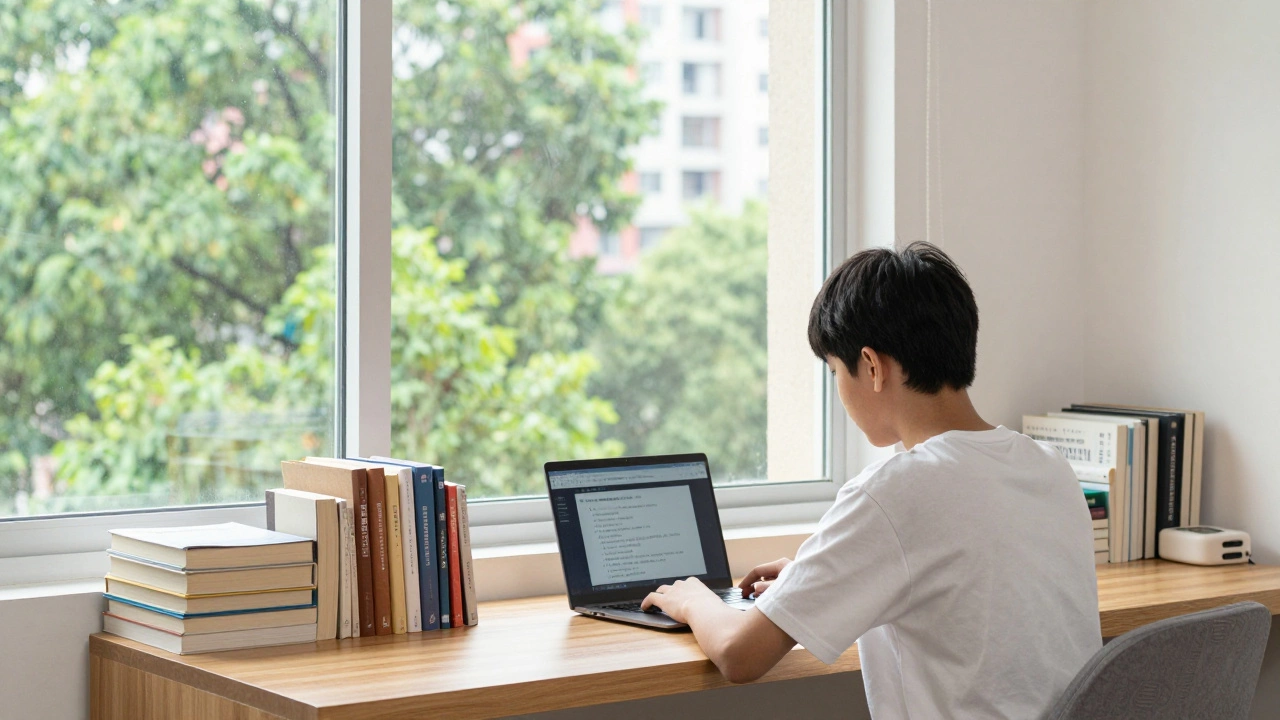 Student studying peacefully in a sunlit room with greenery visible outside.