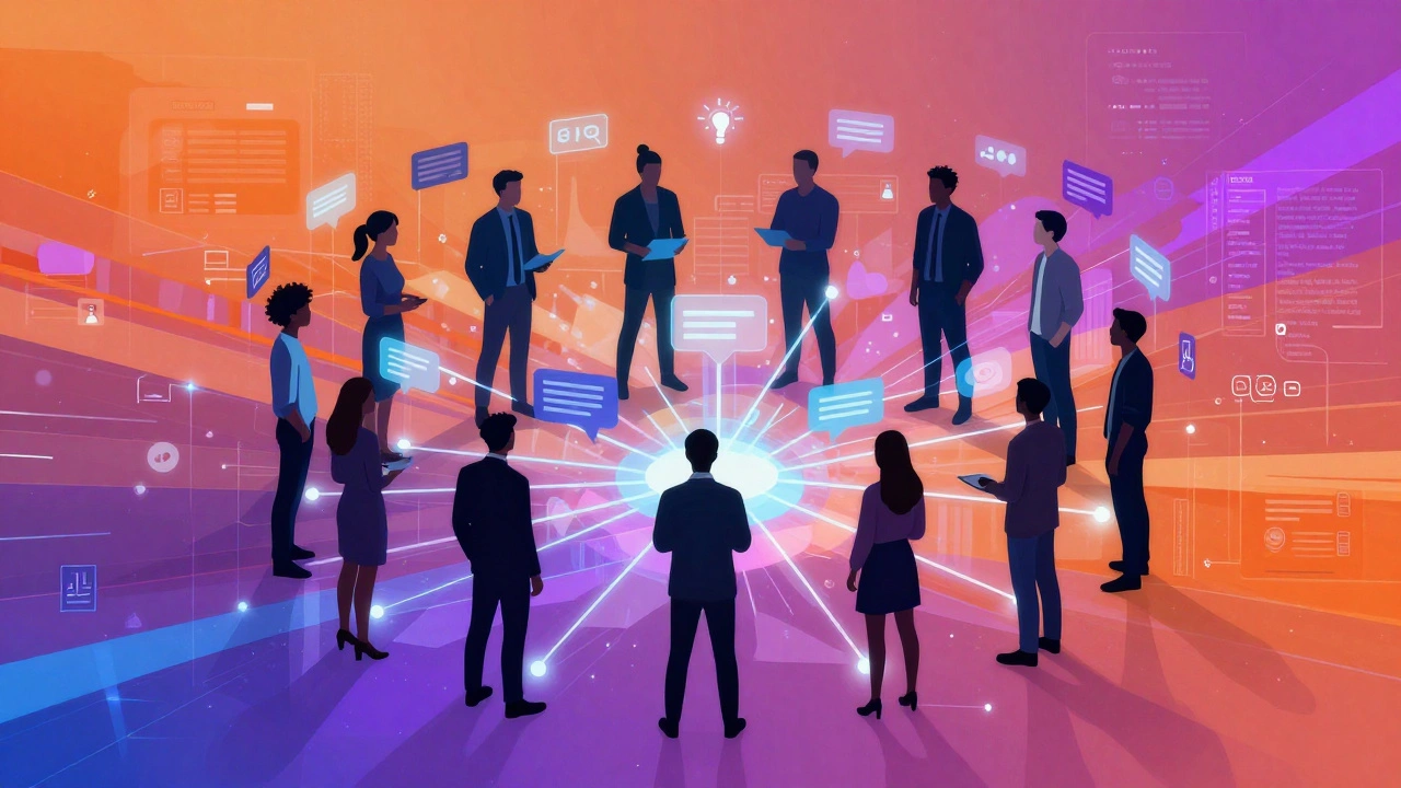 Abstract illustration of diverse people connected by glowing lines in a social learning network