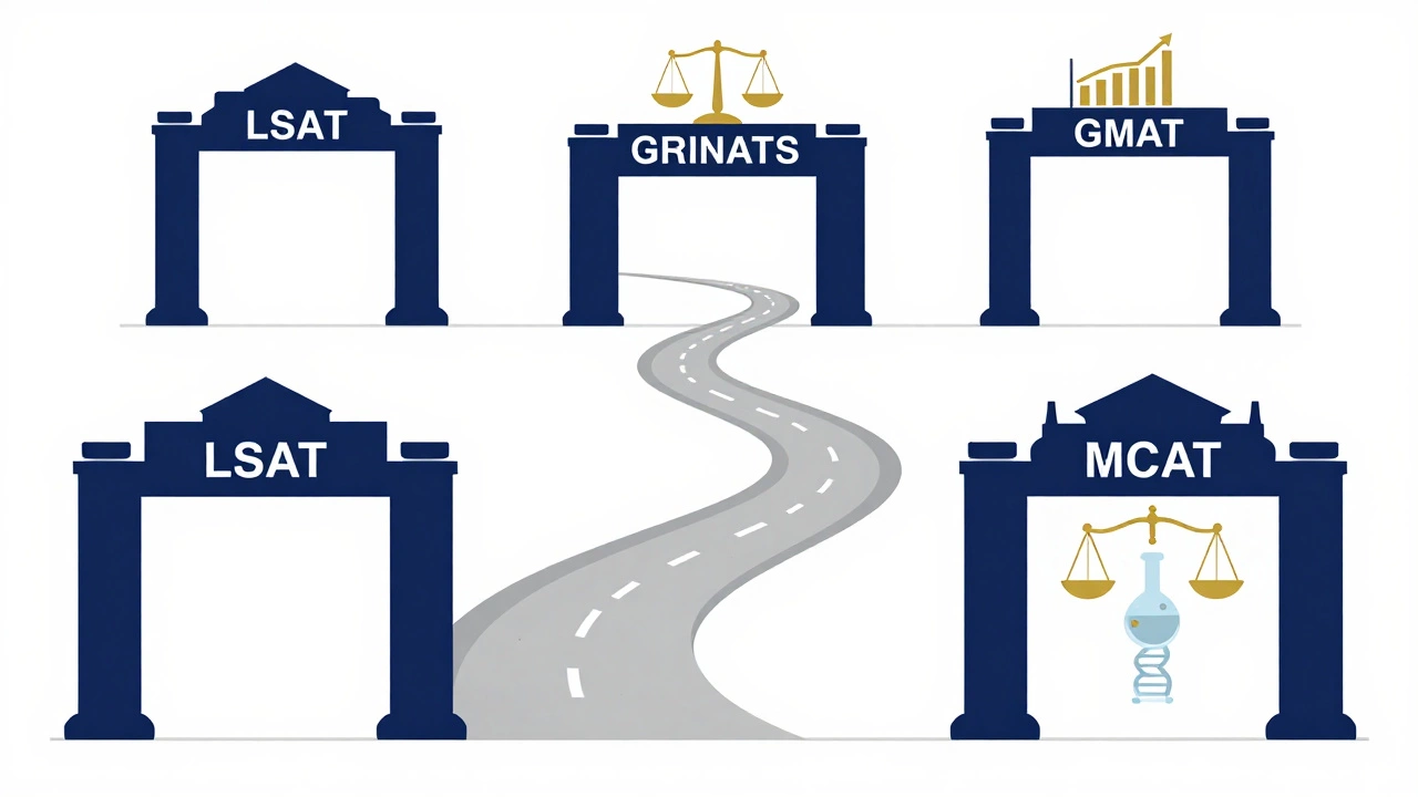 Abstract illustration of various graduate exam paths like LSAT, GMAT, and MCAT