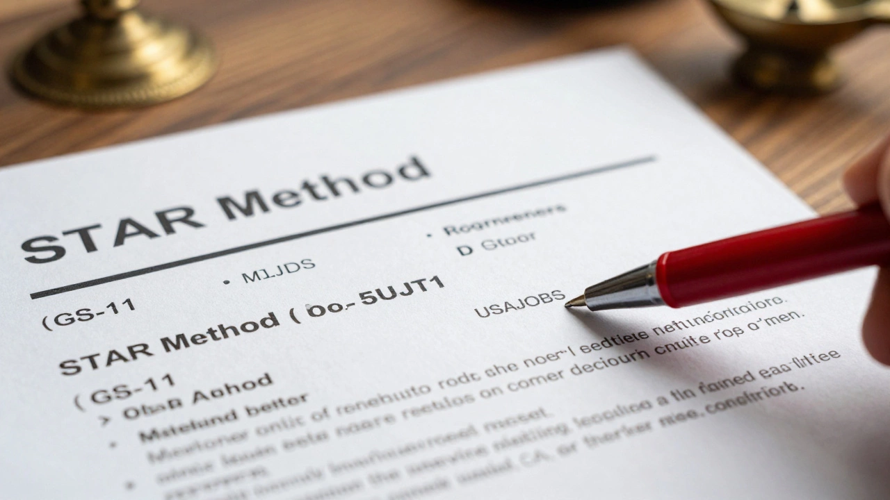 Close-up of detailed federal resume on desk with editing pen, symbolizing precise application prep