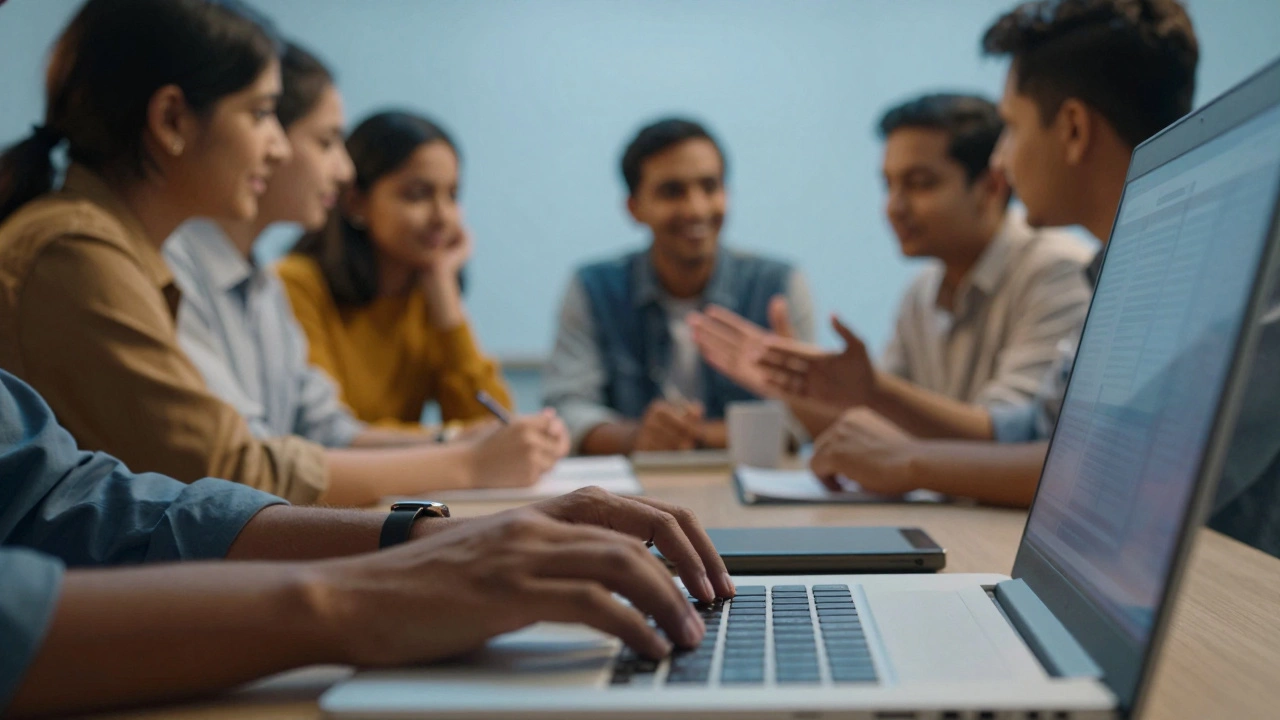 Close up of typing hands with blurred background of students debating in person