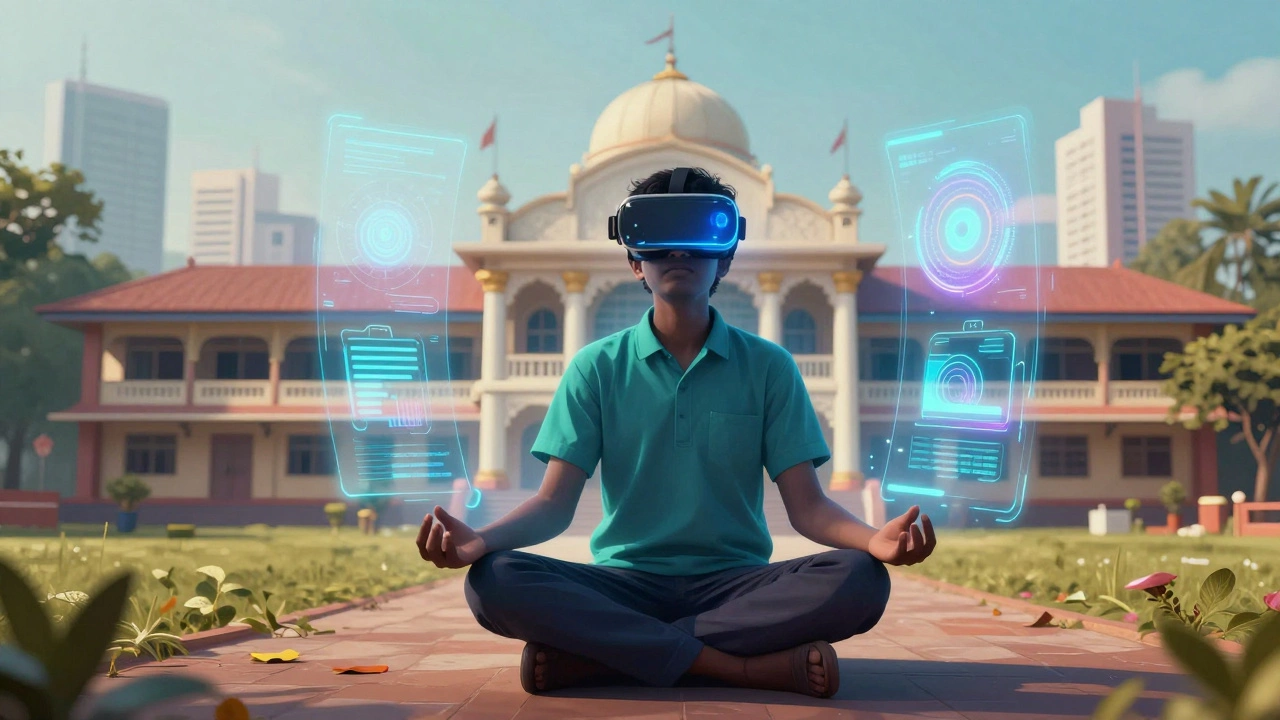 Conceptual art of a student merging with holographic tech and school buildings