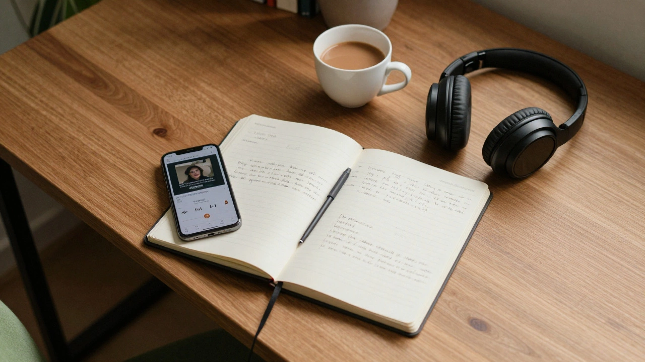 Desk setup for integrated English learning with journal and headphones