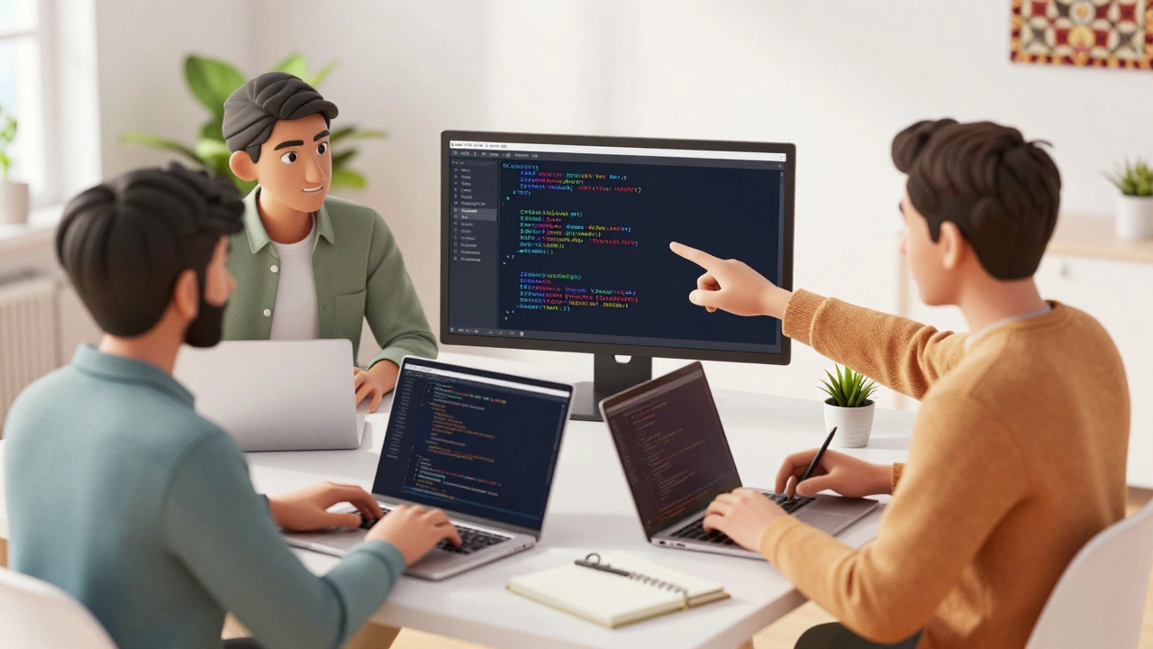 Developers collaborating and debugging code together