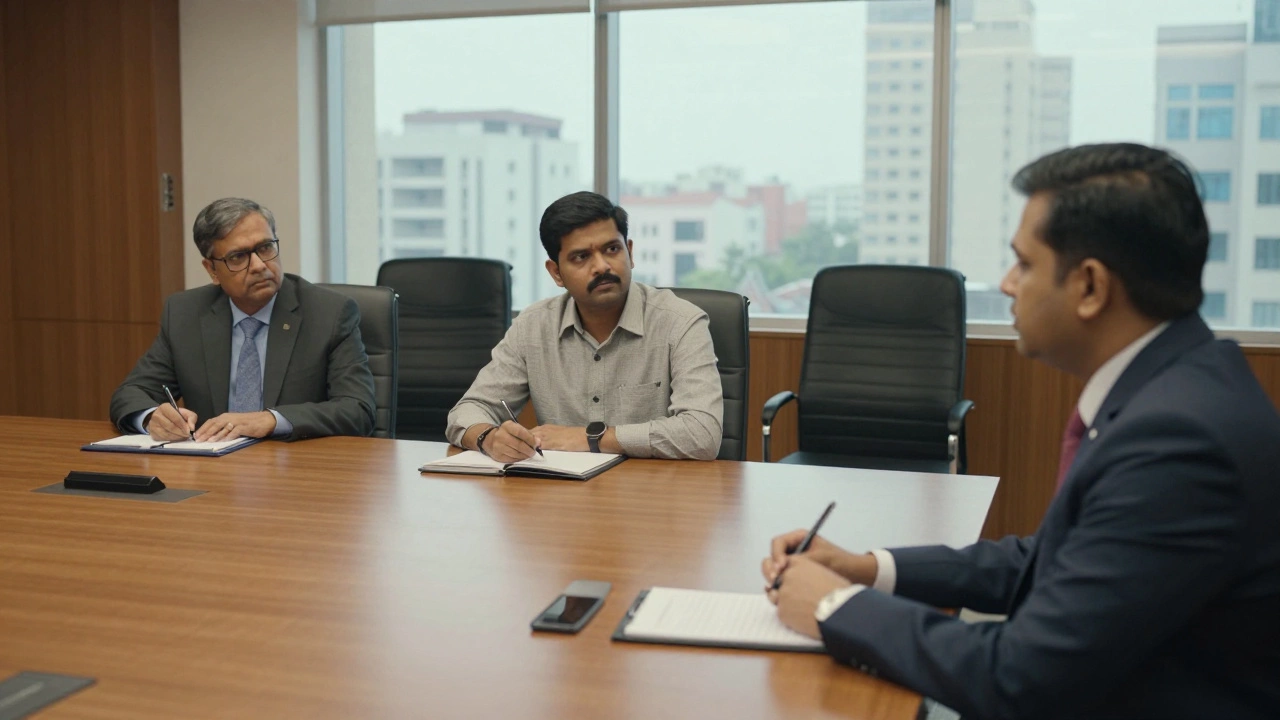 Formal interview panel evaluating a candidate in a government office