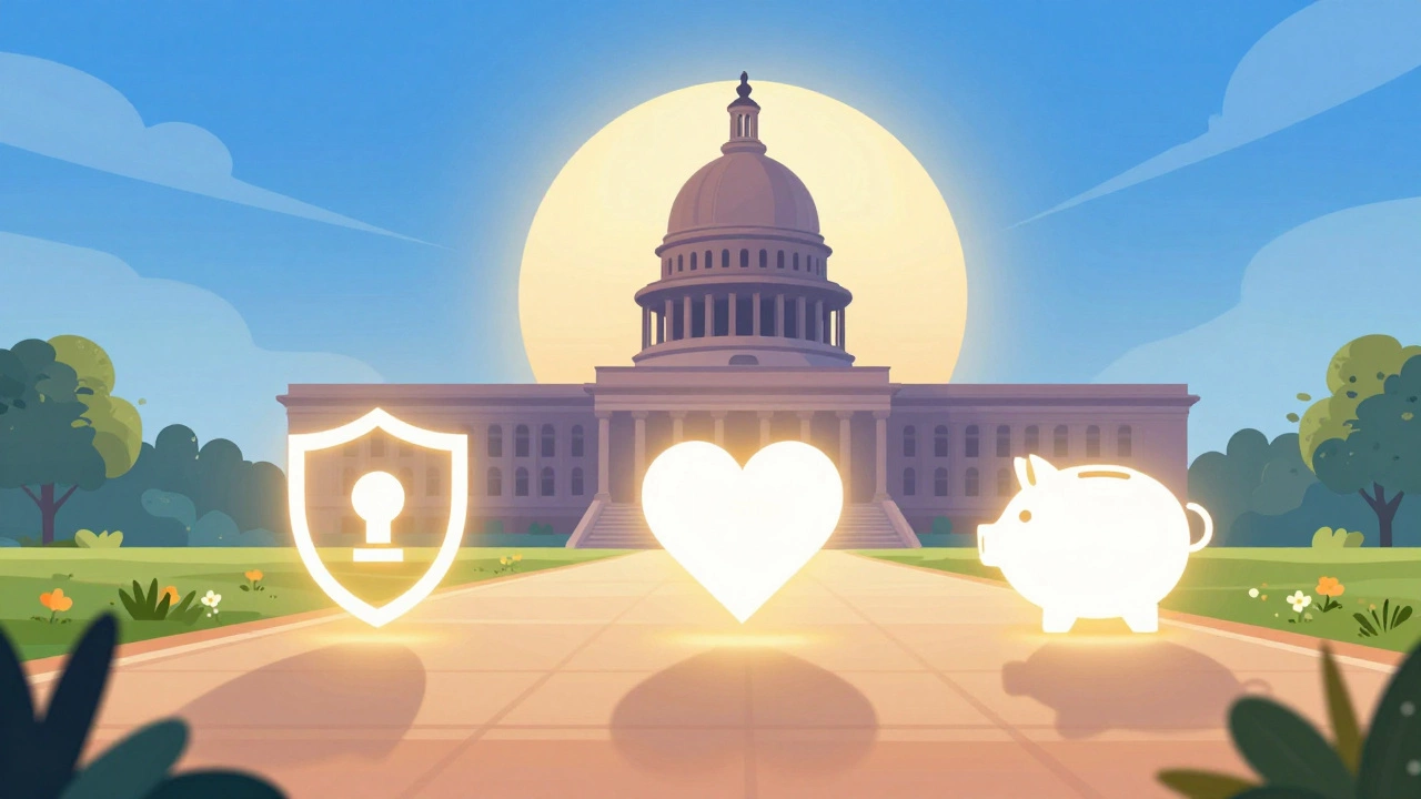 Illustration of aspirational path to government building with icons for benefits and job security