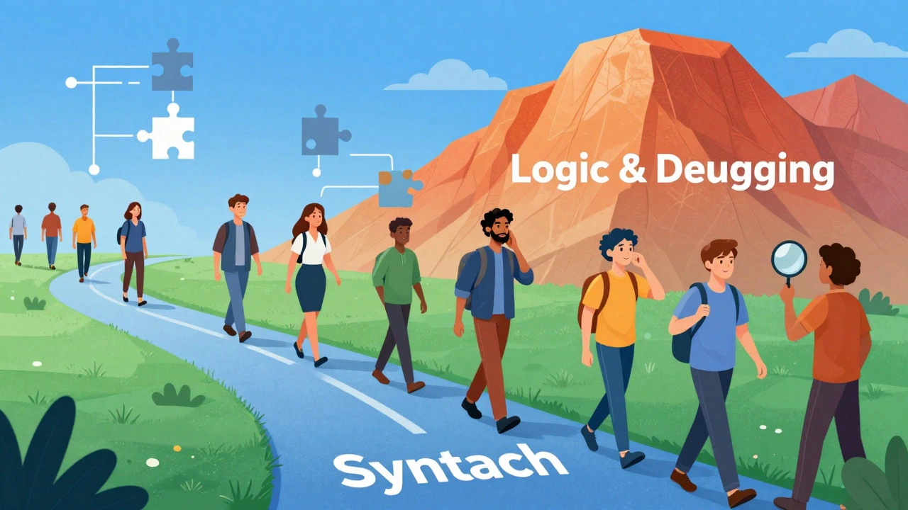 Illustration of easy syntax vs hard logic in coding