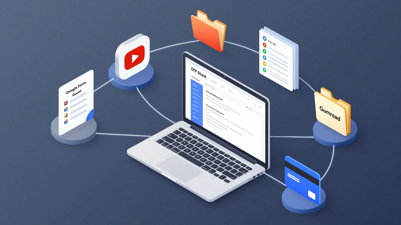Isometric view of laptop connected to YouTube, Drive, and payment icons
