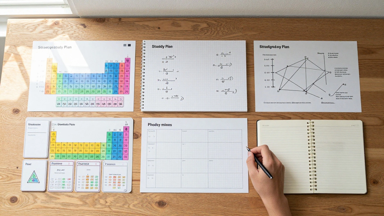 Organized study desk with balanced materials for all three JEE subjects.