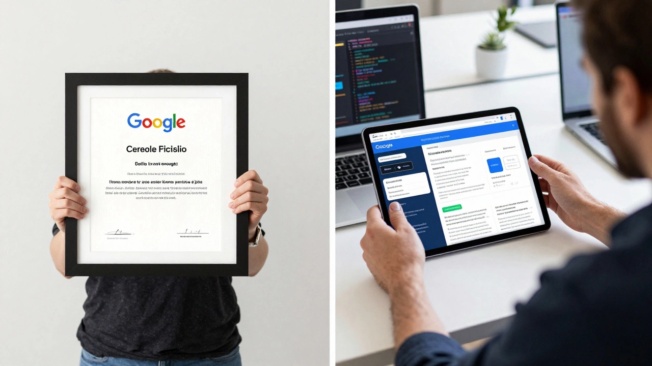 Person showcasing tech portfolio vs holding certificate