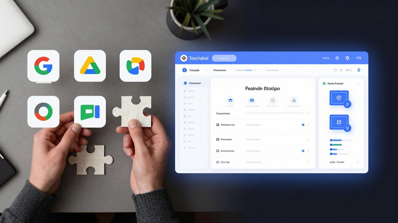 Split screen comparing chaotic DIY Google tools vs sleek unified LMS platform