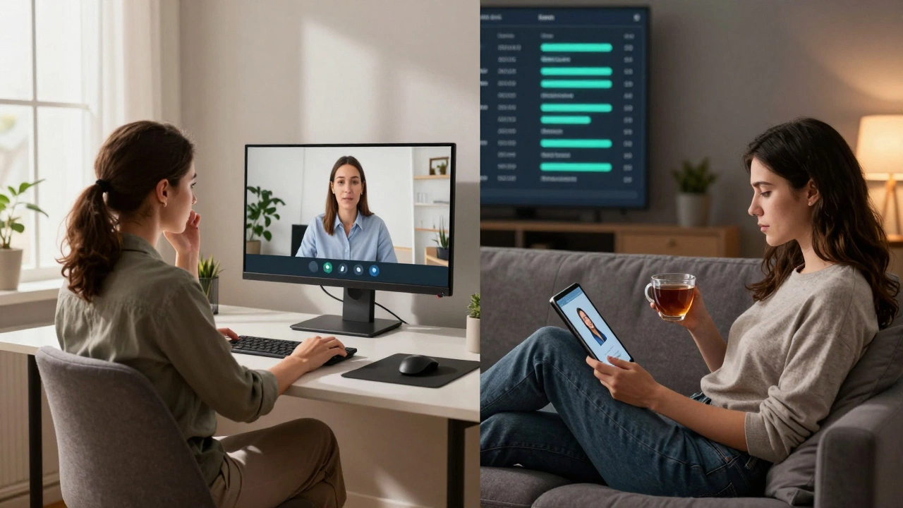 Split view of a woman on a video call versus relaxing while watching online lessons