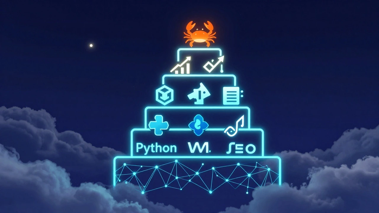 Abstract neon ladder showing salary hierarchy of programming languages.